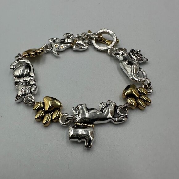 3/$30 Cat Dog Charm Bracelet Silver Gold Mixed Metals Paw Print Toggle Clasp - Picture 1 of 13